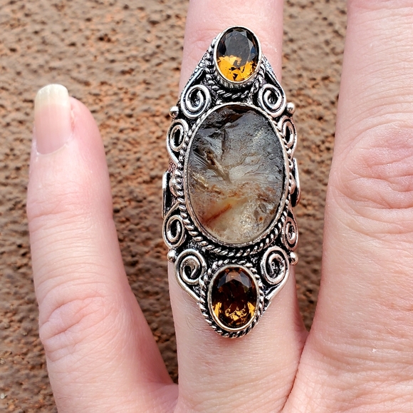 New Rough Golden Rutile and Citrine 925 Silver Statement Ring. - Picture 3 of 14